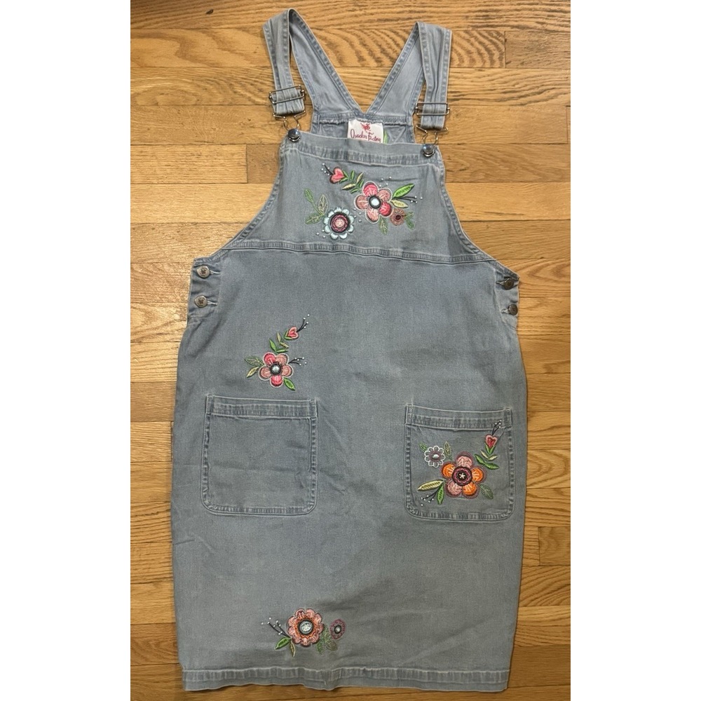 Quacker Factory Women's Medium Denim Floral Embroidered V-Neck Overall Dress